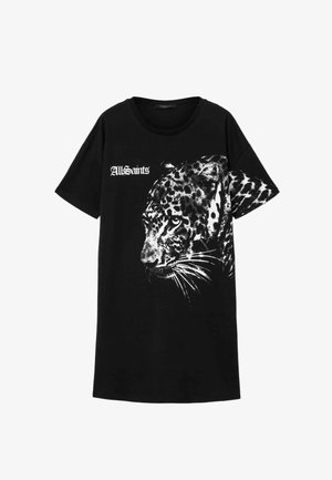 Black cotton t-shirt with short sleeves, featuring a large white leopard print design and "AllSaints" text in a bold font on the front.