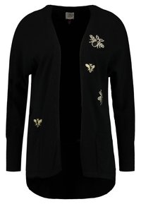 Svart kardigan med långa ärmar, öppen fram och två fickor. Har guldbroderade bi-motiv på frampanelen. Mjuk och skön textur.