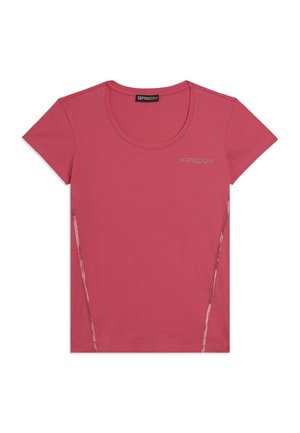 T-shirt de sport rose à manches courtes pour femme avec encolure dégagée et logo "FREDDY" sur la poitrine, côté gauche.
