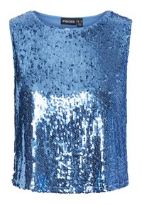 Top en sequins bleus avec un col rond, sans manches et doublé d'une matière lisse. Les sequins créent une surface réfléchissante et texturée.