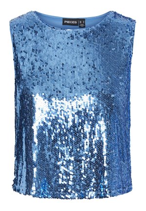 Blue sequin top featuring a round neckline, sleeveless design, and a smooth inner lining. Sequins create a reflective, textured surface.