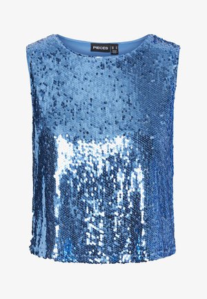 Kék flitteres felső, kerek nyakkivágással, ujjatlan kialakítással és sima bélésrésszel. A flitterek fényvisszaverő, texturált felületet alkotnak.