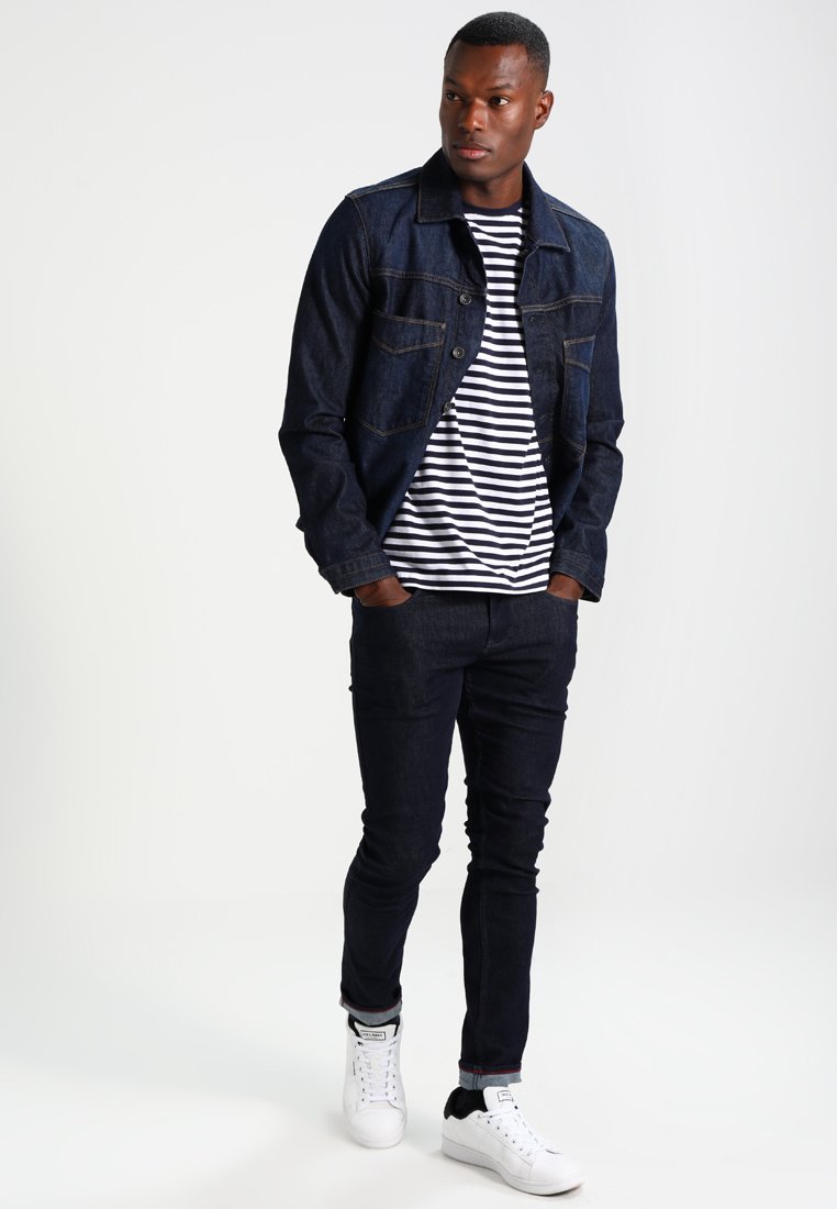 black t shirt navy blazer