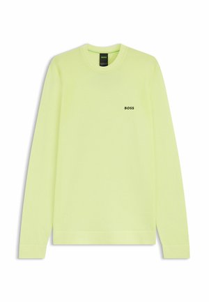Limegrøn langærmet sweatshirt, struktureret stof, ribbede detaljer, rund hals, med 'BOSS' logo i sort på brystet.