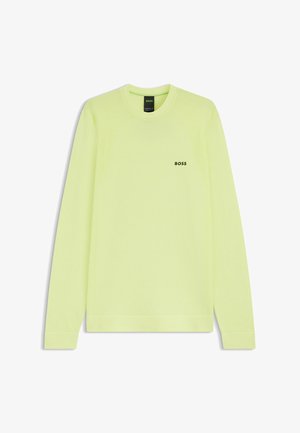 Lime green long-sleeve sweatshirt, textured fabric, ribbed accents, crew neck, features 'BOSS' logo in black on the chest.