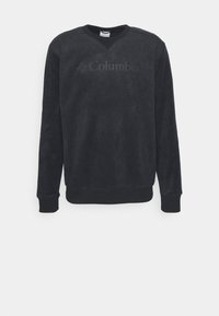 Mustat fleece-huppari, jossa on pyöreä pääntie, ribatut hihansuut ja helma; edessä on tekstuuri "Columbia" -logo. Pehmeä kangas, jossa on sileä pinta.