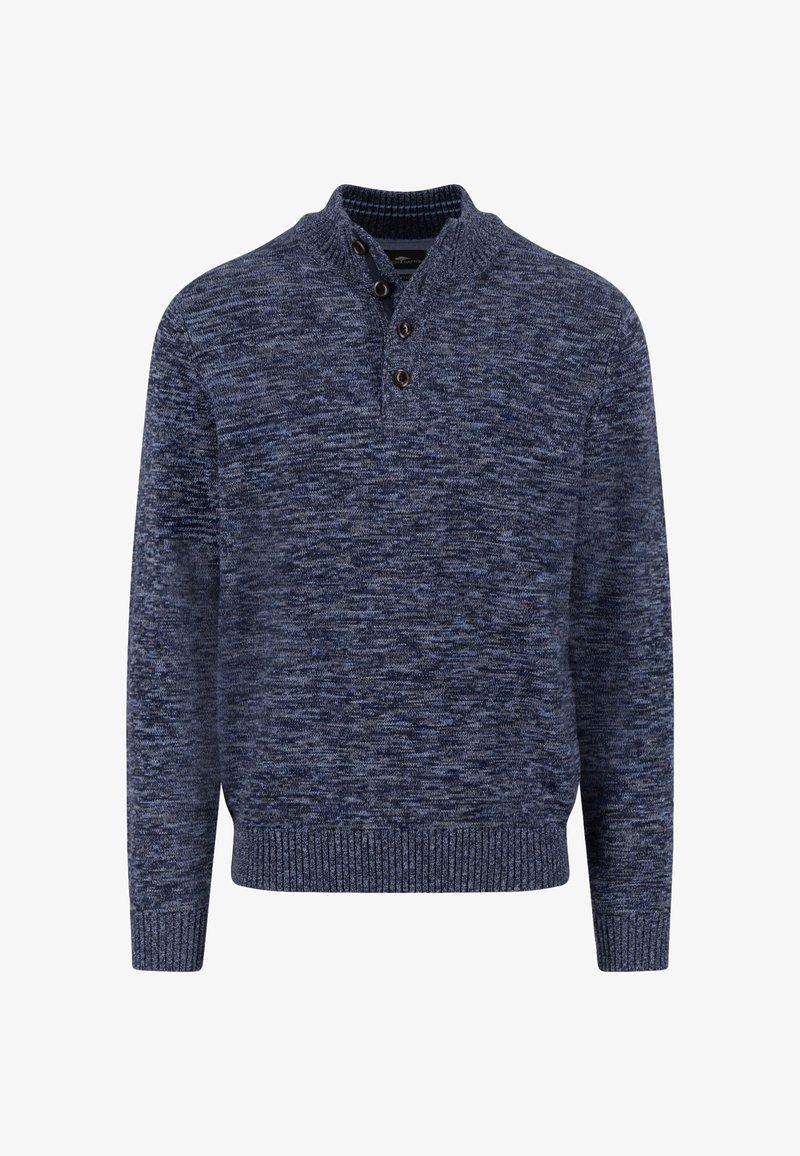 Maglione blu navy lavorato a maglia con motivo a rilievo, caratterizzato da un colletto a coste e un'apertura con tre bottoni, rifinito con polsini e orlo a coste.