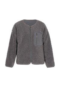 Grauer Fleece-Jacke mit einer strukturierten, weichen Oberfläche, durchgehendem Reißverschluss und einer aufgesetzten Tasche mit Reißverschluss auf der linken Brust.