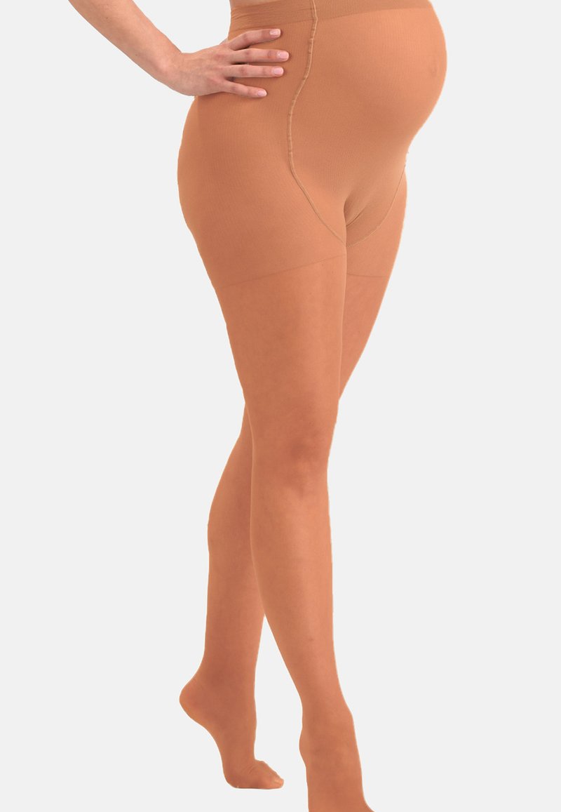 Graviditetstights i en ljus tan-färg, sömlös design med hög linning, genomskinlig textur som sträcker sig till tårna.