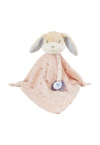 Soft pink bunny comforter with plush head, striped ears, printed blanket, and pacifier attachment featuring a star design and purple accents.