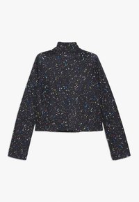 Schwarzes, kurzes Langarmshirt mit hohem Kragen, das ein mehrfarbiges, gesprenkeltes Muster aus Punkten und Sternen auf dem Stoff zeigt.