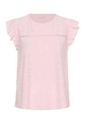 Light pink blouse with short ruffle sleeves, decorative eyelet pattern, and a straight hem. Features a round neckline and subtle embellishments.