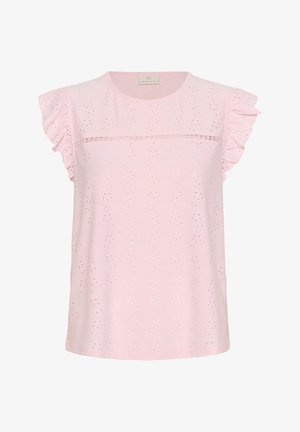 Světle růžová blůza s krátkými volánkovými rukávy, dekorativním vyšívaným vzorem a rovním spodním lemem. Má kulatý výstřih a jemné ozdoby.