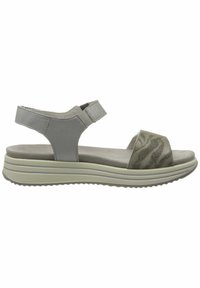 Gray sandal featuring a textured animal print strap, adjustable hook-and-loop closure, and a cushioned sole with a layered design.