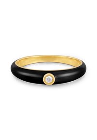 Fekete kerámia gyűrű, polírozott arany keretbe ültetett, középen egyetlen kerek, tiszta kővel. Elegáns és lekerekített forma.