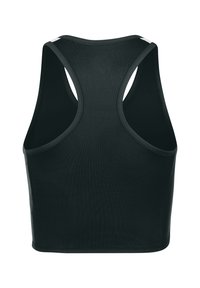 Zwart sportief tanktop met een gladde textuur, racerback ontwerp en dunne schouderbanden. Heeft een schone, minimalistische uitstraling.