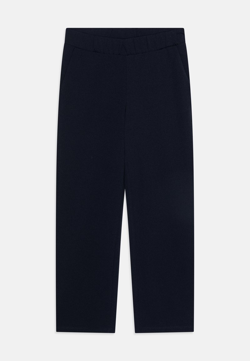 Mörkblå, vida byxor med elastisk midja och sidofickor. Slätt tyg med en ren, minimalistisk design. Inga synliga mönster.