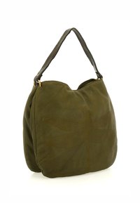 Borsa in pelle verde scuro con una forma curvata e zip superiore. Presenta un delicato motivo di libellula in rilievo sulla parte anteriore e una maniglia robusta.