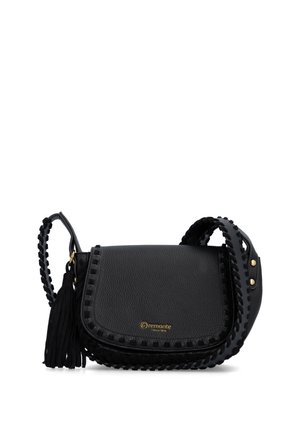 Black textured leather crossbody bag with braided edges, a tassel on the side, and gold logo reading "remonte Since 1876" on the front flap.