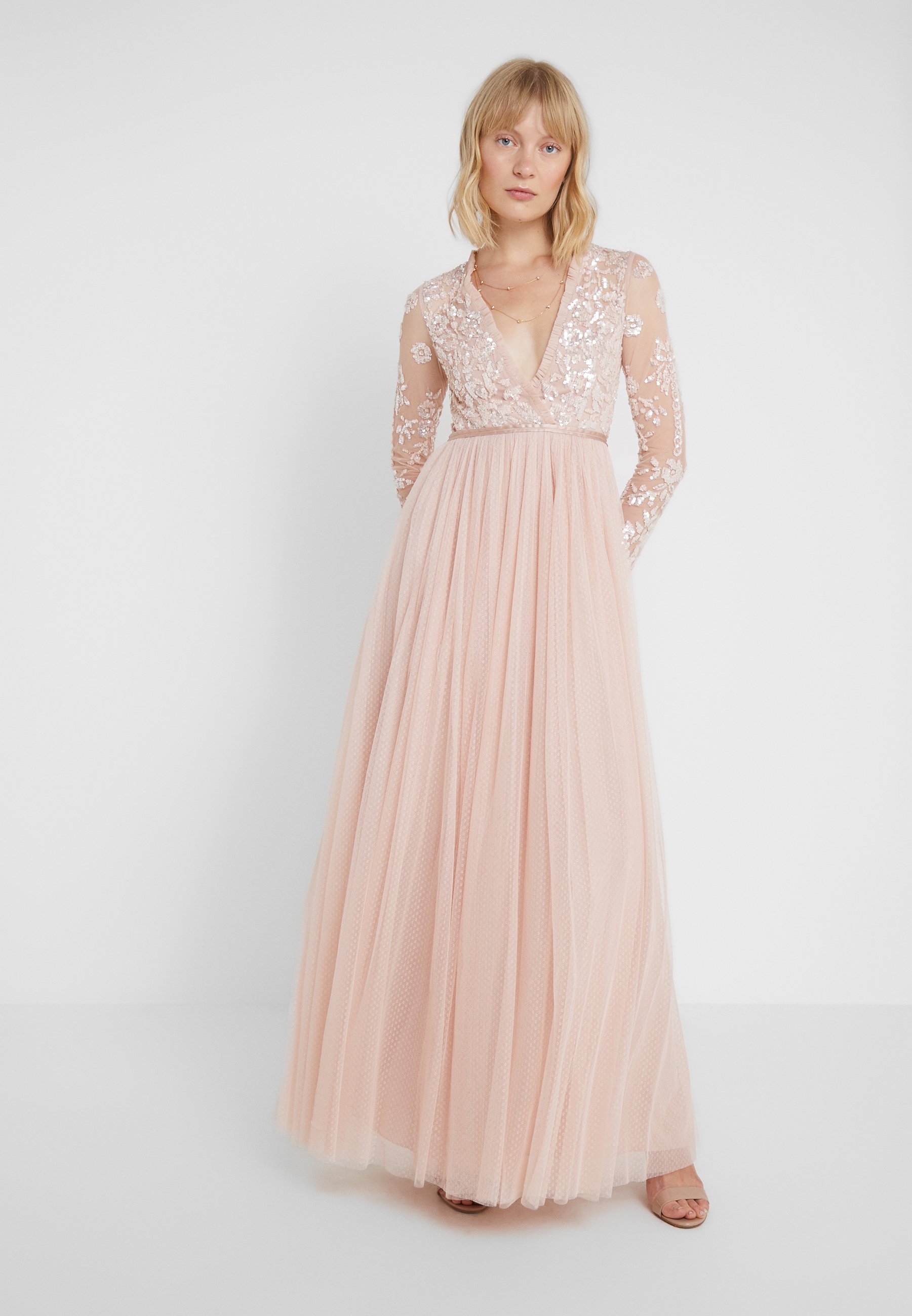 needle & thread embellished long sleeve midi dress with tulle skirt in rose quartz