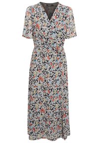 Vestido envolvente floral con escote en V, mangas cortas, fondo negro y patrones de flores multicolores en rojo, azul y amarillo. Tejido ligero.