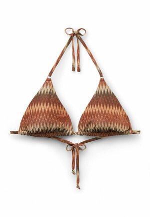 Braun-beiges Bikinioberteil mit Zickzackmuster, Dreieckform, Neckholder und Bindverschluss hinten und vorne.