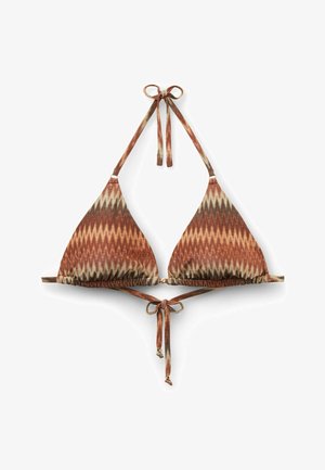 Bruin- en beige zigzagpatroonde driehoekige bikini top met halternek en striksluiting aan de achterkant en voorkant.