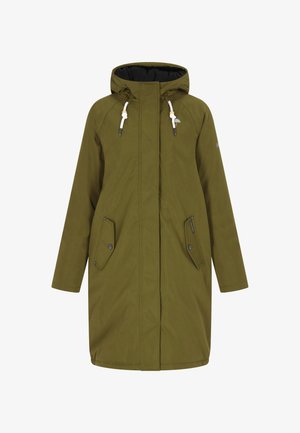 Olijfgroene lange jas met capuchon, voorzien van twee voorzakken, verstelbare trekkoorden en metalen hardwaredetails.
