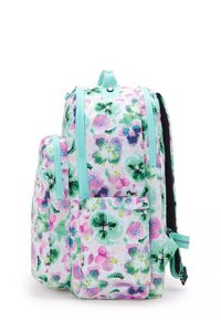 Floral-print backpack with a mint green zipper and accents. Features multiple compartments and padded adjustable straps. Textured fabric.