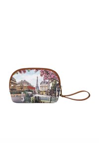 Borsetta con zip che presenta una scena parigina con la Torre Eiffel, sullo sfondo di un motivo floreale; rifiniture in pelle marrone e tracolla.