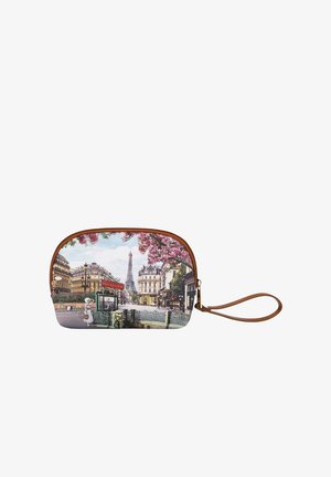 Borsetta con zip che presenta una scena parigina con la Torre Eiffel, sullo sfondo di un motivo floreale; rifiniture in pelle marrone e tracolla.