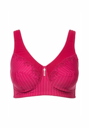 Soutien-gorge rose fluo avec des rayures verticales. Il dispose d'une bordure en dentelle décorative et d'un élément central. Matière douce avec des bretelles plus larges pour un meilleur soutien.