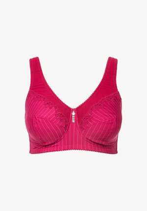 Różowy biustonosz w pionowe prążki. Posiada dekoracyjną koronkową lamówkę i centralną ozdobę. Wykonany z miękkiego materiału, z szerszymi ramiączkami dla lepszego wsparcia.