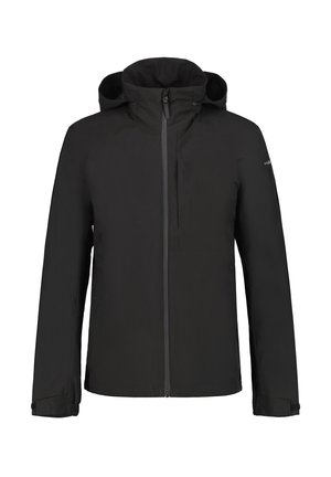 Černá, lehká outdoorová bunda s kapucí, plným zipem a přední kapsou. Hladká textura, minimalistický design, ideální pro různá počasí.