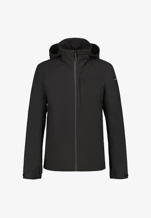 Zwarte, lichtgewicht outdoor jas met capuchon, volledige rits en vo zak. Gladde textuur, minimalistisch ontwerp, ideaal voor verschillende weersomstandigheden.