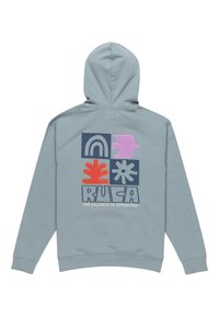Sudadera con capucha de color gris claro, con diseños bordados multicolores y texturizados que incluyen un arcoíris, un pájaro, una hoja y formas abstractas.
