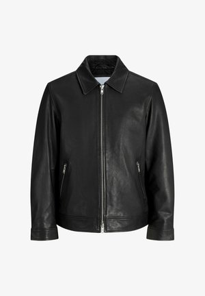 Black leather jacket featuring a front zipper, notched collar, and side zippered pockets. Smooth texture with a tailored fit.