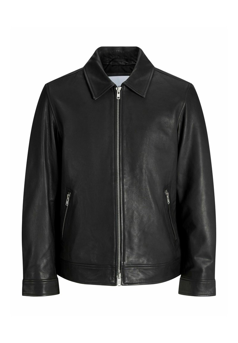 Black leather jacket featuring a front zipper, notched collar, and side zippered pockets. Smooth texture with a tailored fit.