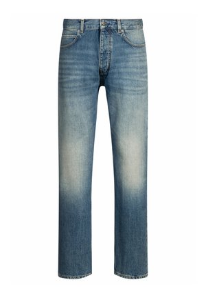 Blå denimjeans med rak bendesign, med blekta partier, framfickor och knappdragkedja.