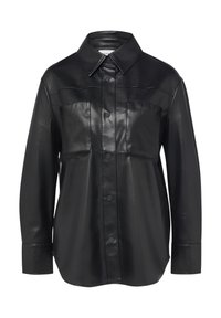 Czarna skórzana koszula z kołnierzykiem zapinanym na guziki, dwoma kieszeniami na piersi i gładką fakturą. Posiada prosty krój i długie rękawy.
