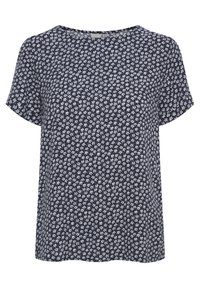 Blouse marine avec un motif floral blanc, manches courtes, col rond, coupe ample, fabriquée en tissu léger avec une texture lisse.