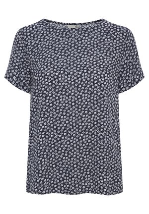 Blusa blu marina con motivo floreale bianco, maniche corte, scollo rotondo, vestibilità ampia, realizzata in tessuto leggero con una texture morbida.