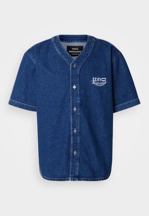Short-sleeve, button-up shirt made of dark blue denim with a classic collar and white embroidered logo on the left chest.