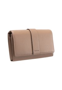 Brahno usnjen denarnica z teksturirano površino, pravokotne oblike, zložljivega dizajna in magnetnim zapiranjem. Na sprednji strani ima iztisnjen logotip blagovne znamke.