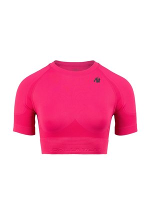 Roze kortefopsleeve crop top met een geribbelde textuur, voorzien van een ronde halslijn en een bedrukt logo op de borst, gemaakt van rekbaar materiaal.