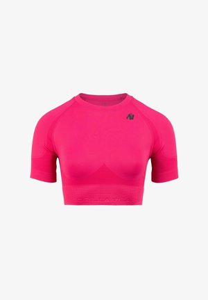 Roze kortefopsleeve crop top met een geribbelde textuur, voorzien van een ronde halslijn en een bedrukt logo op de borst, gemaakt van rekbaar materiaal.