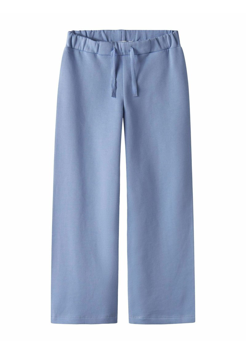 Svjetloplave široke hlače napravljene od mekanog materijala s elastičnom pasicom i podesivim vezicom. Nema vidljivih uzoraka ili dodataka.