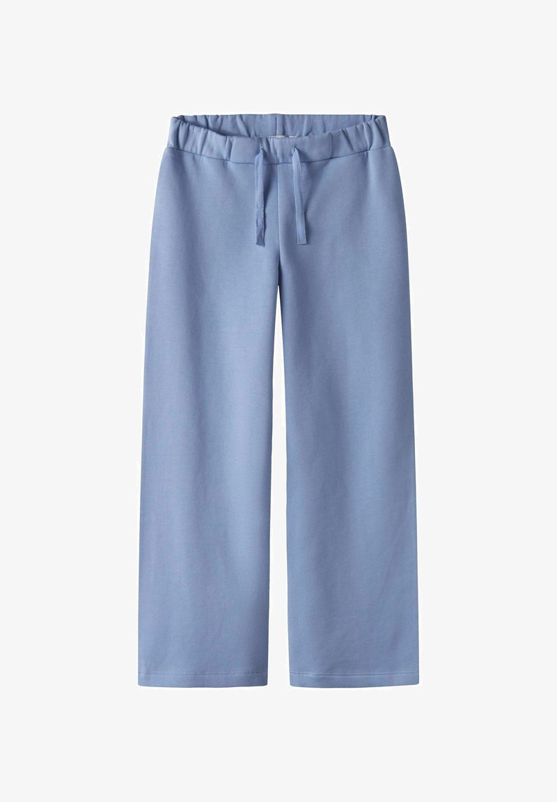 Svjetloplave široke hlače napravljene od mekanog materijala s elastičnom pasicom i podesivim vezicom. Nema vidljivih uzoraka ili dodataka.