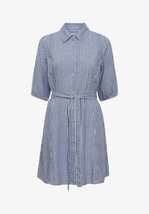 En knap-op skjortekjole med blå og hvide lodrette striber, korte puffærmer, en bæltet talje og en krave. Tekstureret stof.