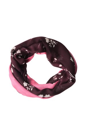 Cirkulært loop tørklæde, der kombinerer mørklilla stof med hvide blomsterprint og ensfarvet pink stof, snoet til en blød ringform.